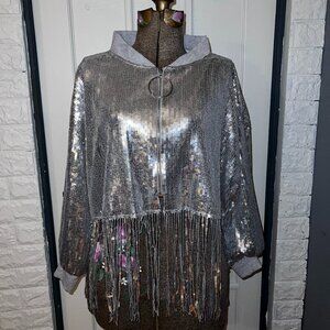 Silver Sequin & Fringe Zip-Up Jumper / Sweatshirt